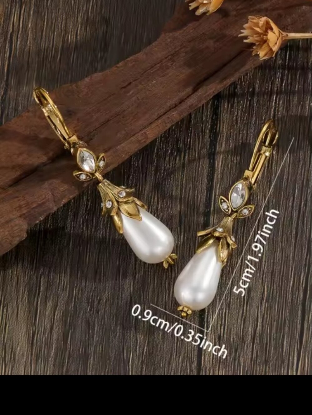 Gold Pearl Drop Earrings with Crystal Accents Women's Jewelry Dangle New G26 - Picture 4 of 4